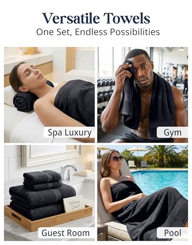 Image of LANE LINEN 100% Cotton Towel Set for Bathroom - 6 Piece - Super Soft, Hotel Quality - 2 Bath, 2 Wash cloths, 2 Hand Towels for Bathroom - Classic, Gentle on Skin, Ideal for Spa & Daily Use - Black