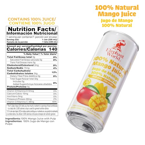 Image of Elephant World 100% Natural Mango Juice | NON GMO | 10.8 oz (Pack of 12), Mango