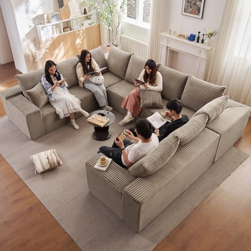 Image of Sectional Cloud Couch for Living Room, Big Comfy Corduroy Couches Set with Fluffy Memory Foam, Modular Floor Deep-Seat Sofa, Stupendous U Shaped Sofas with 12 Pillows, No Assembly Required, Camel