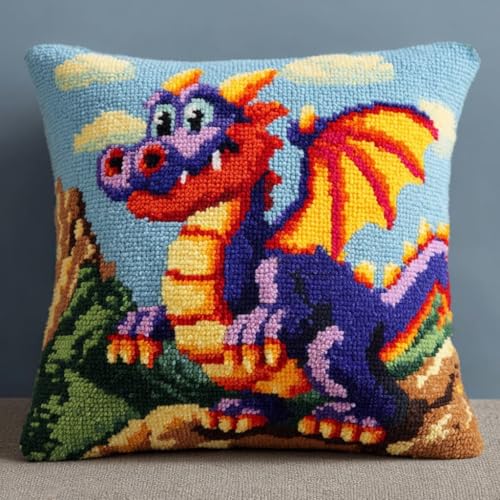 Kit coussin crochet dinosaure Taxpy pour débutant avec toile et laine 43x43 cm
