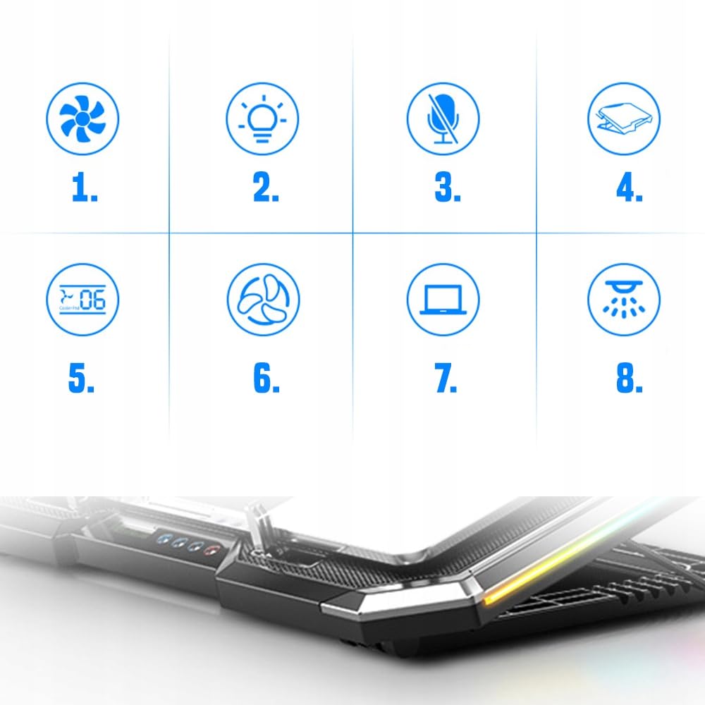 Q8 RGB LED PC Portable Refroidisseur avec 6 Ventilateurs - Support Ordinateur Portable jusqu'à 18 Pouces - Inclinaison 0-32° - Écran LCD - Fonctionnement Silencieux Environ 25dB - Alimenté par USB