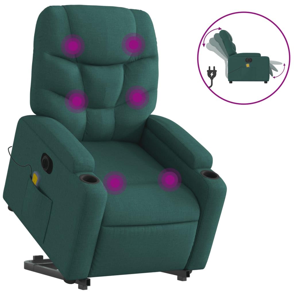 Sillón elevador eléctrico con masaje de tejido verde oscuro con 6 puntos de vibración y reclinación de 135 grados, función de elevación eléctrica, asiento acolchado,
