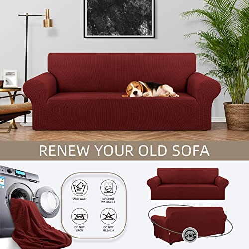 KEKUOU Stretch Sofa Cover Slipcover ,Couch Covers for 3 Cushion Couch Sofa pet Friendly (78"-94") Furniture Protector Sofa with Elastic Bottom for Kids,Dog, Jacquard Small Checked(Large,Dark Red)