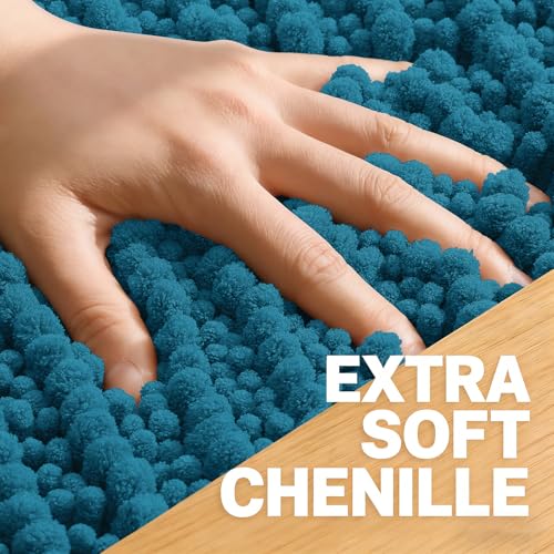 Image of OLANLY Bathroom Rug Mat 44x24, Thick Soft and Absorbent Chenille Bath Mat, Non-Slip Rubber Backing, Machine Washable Quick Dry Bath Rugs for Tub Shower Floor, Home Decor Accessories, Peacock Blue