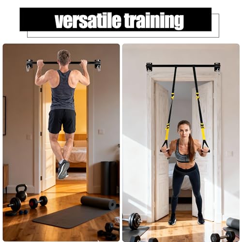 Image of Wall Mounted Pull Up Bar with Hanging Ab Straps, Carbon Steel Chin Up Bar with 8mm Steel Plates, Adjustable Oxford Cloth Ab Sling Straps for Pull Ups, Knee Raises, Leg Raises, Home Gym Training(Black- Ab Straps)
