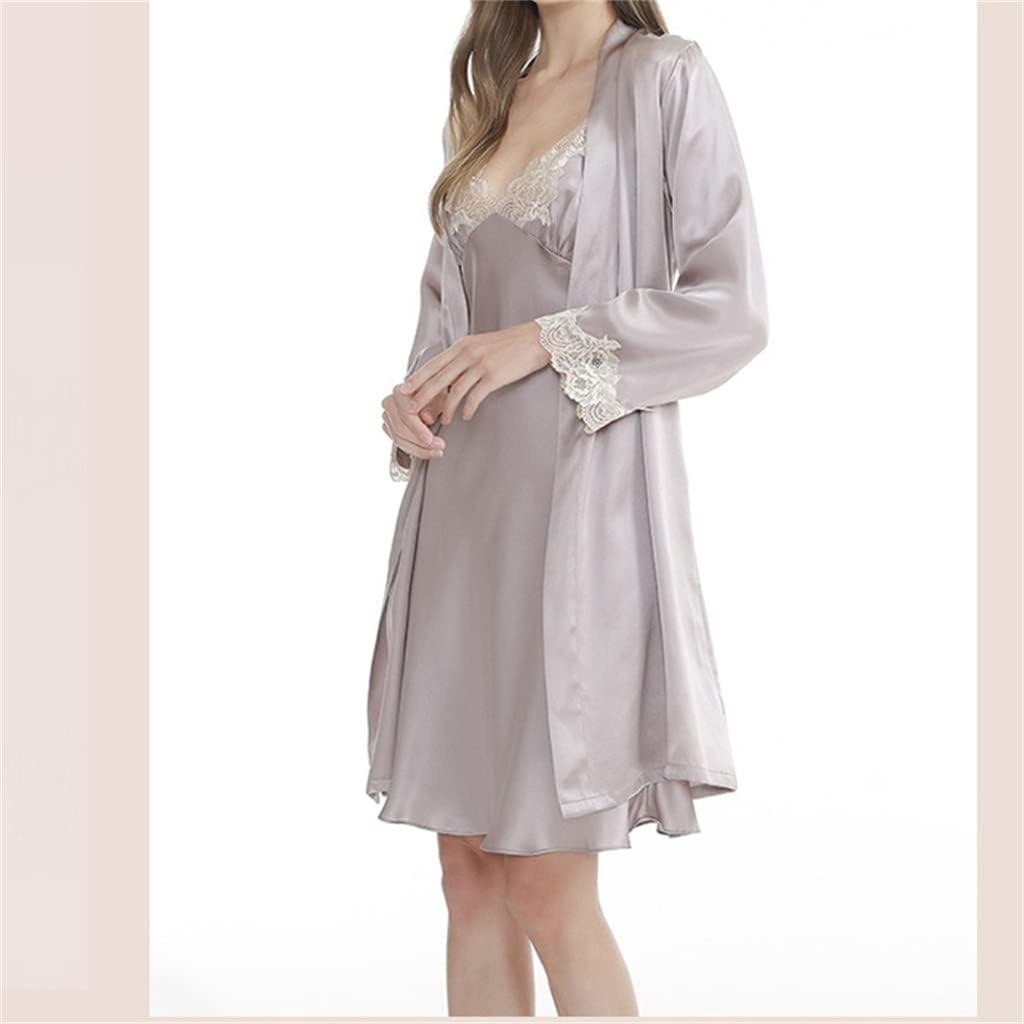 Silk Nightgown Women's Summer Sexy Hanging Pajama Dress Two Piece Set Lace Morning Robe Pajamas (D X Large)