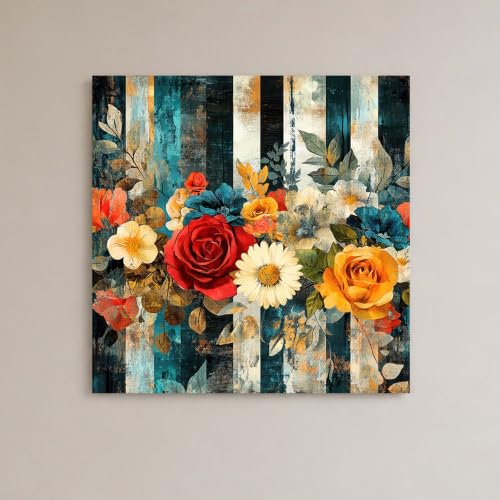 Image of PAINTINGMANTRA Vintage Floral Roses Stretched Canvas Painting for Living Room | Botanical Flower Artwork Wall Decor Art For Livingroom, Bedroom, Office, Hallways - 22x22 Inch