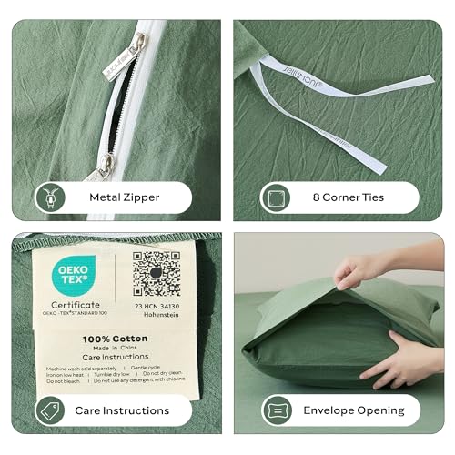 Image of JELLYMONI Duvet Cover Queen Size - Washed Cotton Comforter Cover with Linen-Like Texture,Breathable & Soft Bedding for Modern Home,Guest Room and Everyday Use,Dusty Green 1 Duvet Cover & 2 Pillowcases