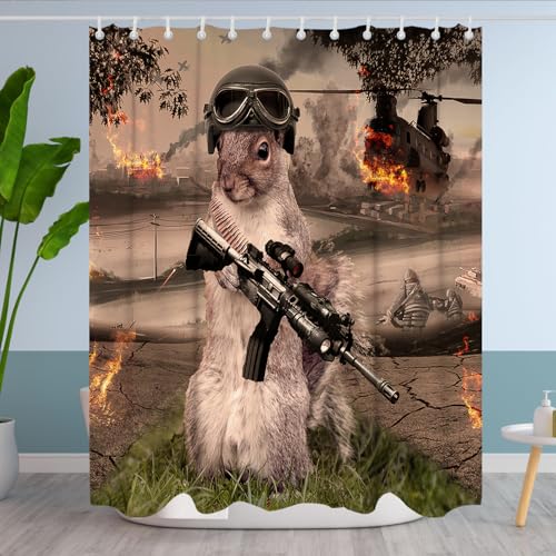 Dalianlc Funny Squirrel Warrior Theme Bathroom Bathtubs Fabric Shower Curtains Helicopter Animal Shower Curtain Set with 12 Hooks 72 x 72 inches Polyester Machine Washable Black and Green