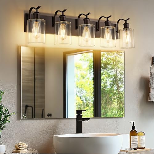 Image of 5 Light Bathroom Vanity Light, Morden Bath Lights Over Mirror Oil Rubbed Bronze Bathroom Sconce Lights with Clear Glass Shade ZCVL01ORB-5