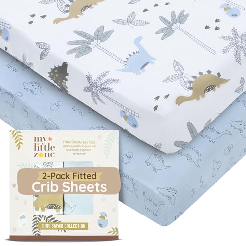 Image of Baby Dinosaur Crib Sheets for Boys & Girls Toddler Bed Sheets Cotton Fitted Crib Sheet Neutral Sets 28"x52", 8" Deep Pocket, Baby Mattress Sheet 2Pack 100% Cotton, Designed in France, Blue White