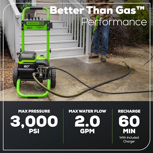 Image of Greenworks 80V 3000 PSI Pressure Washer (2.0 GPM), (2) 4.0Ah Batteries and Dual Port Rapid Charger, Powerful Enough to Remove Pesky Dirt and Grime on Siding, Fences, Patios, Driveways, and Sidewalks