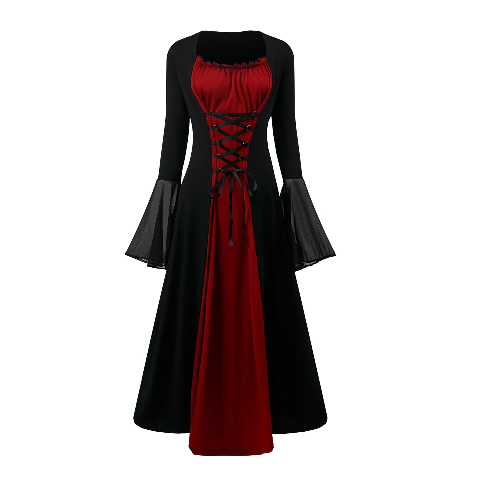 YRTBGD Vestido gótico para mujer, vintage, negro, vestido medieval con mangas de trompeta, cintura atada, vestido de Halloween, carnaval, disfraz para mujer