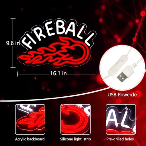 Image of AHlove Neon Sign, LED Neon Light Sign 17x10, USB Powered Decorative Bar Open Sign for Home Bar Store Party Decor,FIREBALL Whiskey Neon Lights for Man Cave