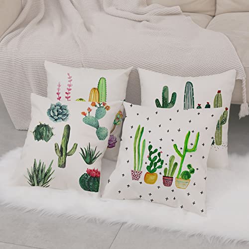 Summer Tropical Cactus Floral Decorative Throw Pillow Covers 18 X 18 Inch Set Of 4 Green Plants Flower Cotton Linen Burlap Square Outdoor Cushion Cover Pillow Case For Couch Car Sofa Bed Decor #TOP6