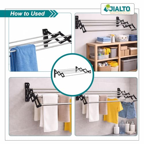 Image of JIALTO Wall Mounted Foldable Clothes Drying Rack Black 62.5 Cm Stainless Steel Expandable Laundry Drying Stand, Heavy Duty Scissor Style Cloth Hanger for Balcony Bathroom Utility Area