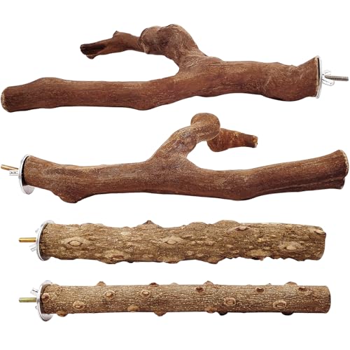 Image of 4PCS Bird Perch Natural Wooden Parrot Stand, 2 Grape Wood Perch, 2 Stand, Paw Grinding Fork Parakeet Chewing Stick Exercise Training Branches for Cockatiels, Small Birds