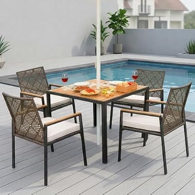 TOAUUO 5-Piece All Weather Patio Dining Set, Acacia Wood Table with Umbrella Hole, Coffee Brown PE Rattan Chairs 352lb Capacity for Patio Garden Backyard