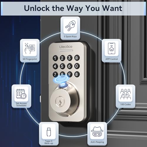 Image of Ulecoce Fingerprint Keypad Deadbolt with Handle Set, Keyless Entry Door Lock, Door Locks for Front Door Lock Set, App Control, Auto Locking, Easy to Install, Satin Nickel