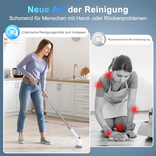 Elektrische Reinigungsbürste, 7 in 1 Putzbürste mit Verstellbarem Griff, Electric Cleaning Brush mit austauschbaren Bürstenköpfen,2 Speed mit langem Griff für Haushalt Fliesen, Wanne-IPX7