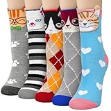 YSense 5 Pairs Womens Cute Dog Cat Novelty Animal Socks Girl Cartoon Cotton Casual Crew Funny Socks Gifts