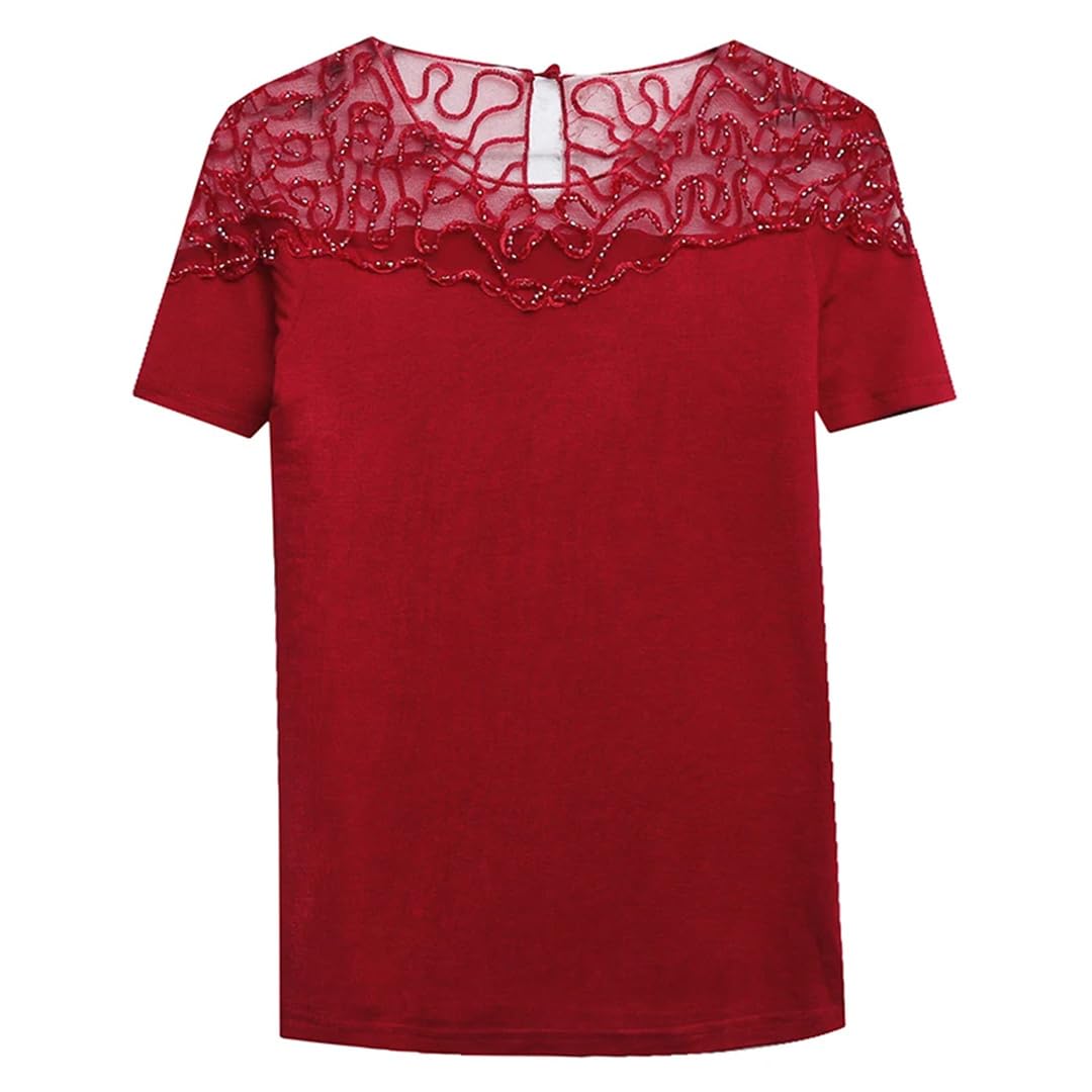 Lmtossey Maglietta estiva con scollo rotondo femminile in pizzo traforato a rombi slim fit top manica corta stretch t-shirt