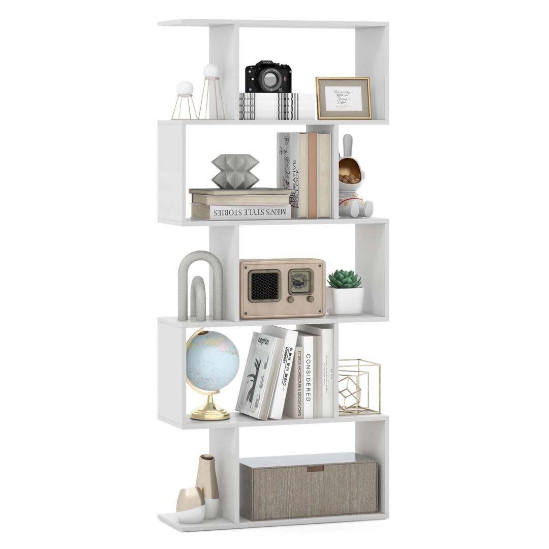 SFAREST 5/6 Tier Bookcase, S-Shaped Bookshelf(White,70 x 24 x 158cm) — image 1