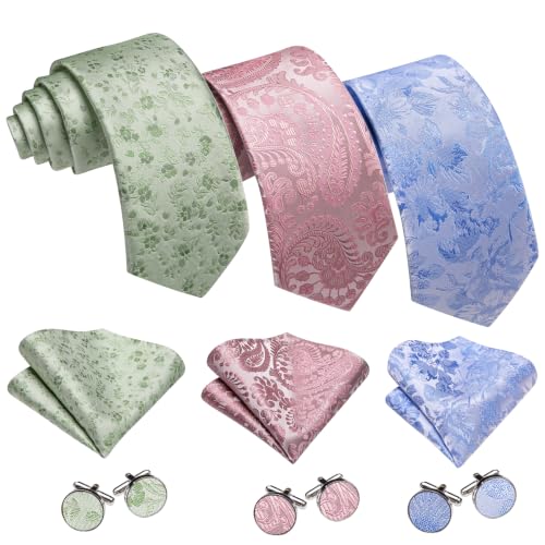Image of Barry.Wang 6 PCS Men Ties Set Silk Business Fashion Woven Necktie Handkerchief Cufflinks Paisley Stripe Wedding Party