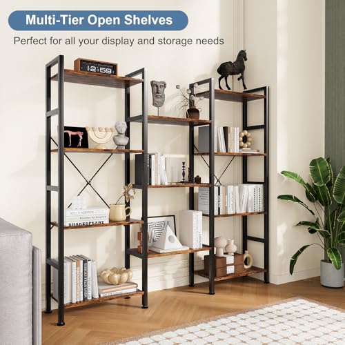 Image of DUMOS Triple Column 4 Tier Bookshelf with Adjustable Shelves, Wide Convertible Display Unit, Industrial Bookcase for Living Room & Home Office, Sturdy Freestanding Storage Decor Organizer, Rust