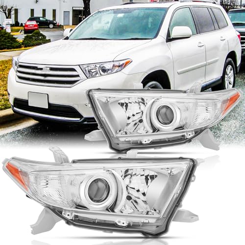 Headlights Assembly Pair for 2011 2012 2013 Toyota Highlander Projector Headlamps Head Lights Replacement Driver and Passenger Side,Chrome Housing Amber Reflector
