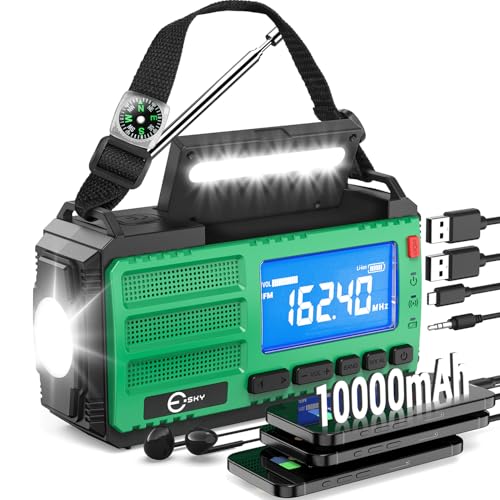Esky Radio Solar 10000mAh, Radio de Emergencia Portátil con Manivela AM/FM/NOAA con Powerbank, Linterna LED, Luz de Lectura, SOS y Brújula, Recargable por USB, Solar o Manivela para Camping y Apagones