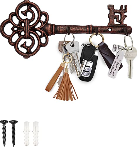 Comfify Dekorativer Schlüsselanhänger aus Gusseisen zur Wandmontage -Vintage Schlüssel mit 3 Haken - Wandmontage - Rustikaler Aufhänger aus Gusseisen - Kupfer - 10,8 x 4,7- mit Schrauben und Dübeln Cover