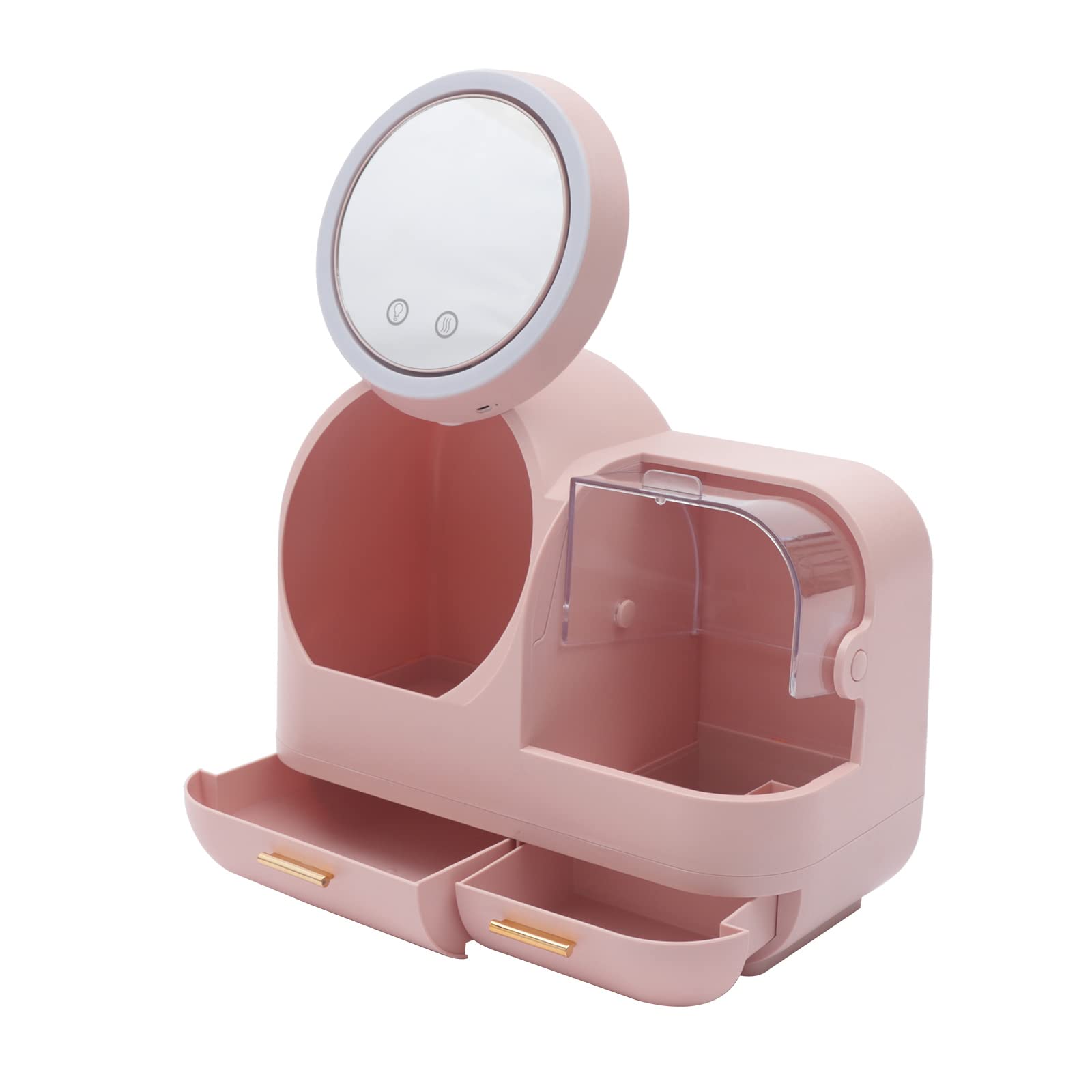 Organizer do ładowania przez USB z wbudowanym wentylatorem, pudełko do przechowywania kosmetyków, podświetlane LED, pyłoszczelne przegródki, podwójne szuflady do komody, łazienki, toaletki