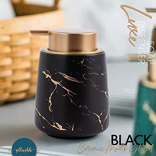 Image of Luxury Ceramic Soap Dispenser (Luxe Black) - 400ml Wide Modern Refillable Lotion Shampoo Handwash Bottle Matte Black with Gold Marbling Premium Countertop Accessory for Bathroom, Kitchen & Wash Basin