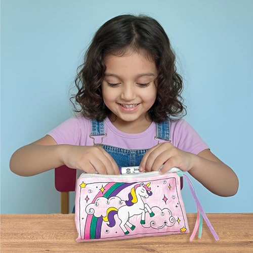 Image of Imagimake Fabric Art Unicorn | DIY Craft Kit for Girls Age 5+ | Fabric art kit: decorate 1 sling bag & 1 unicorn pouch with 5 acrylic markers, 40+ stones & ribbons; mess-free; girls 5+