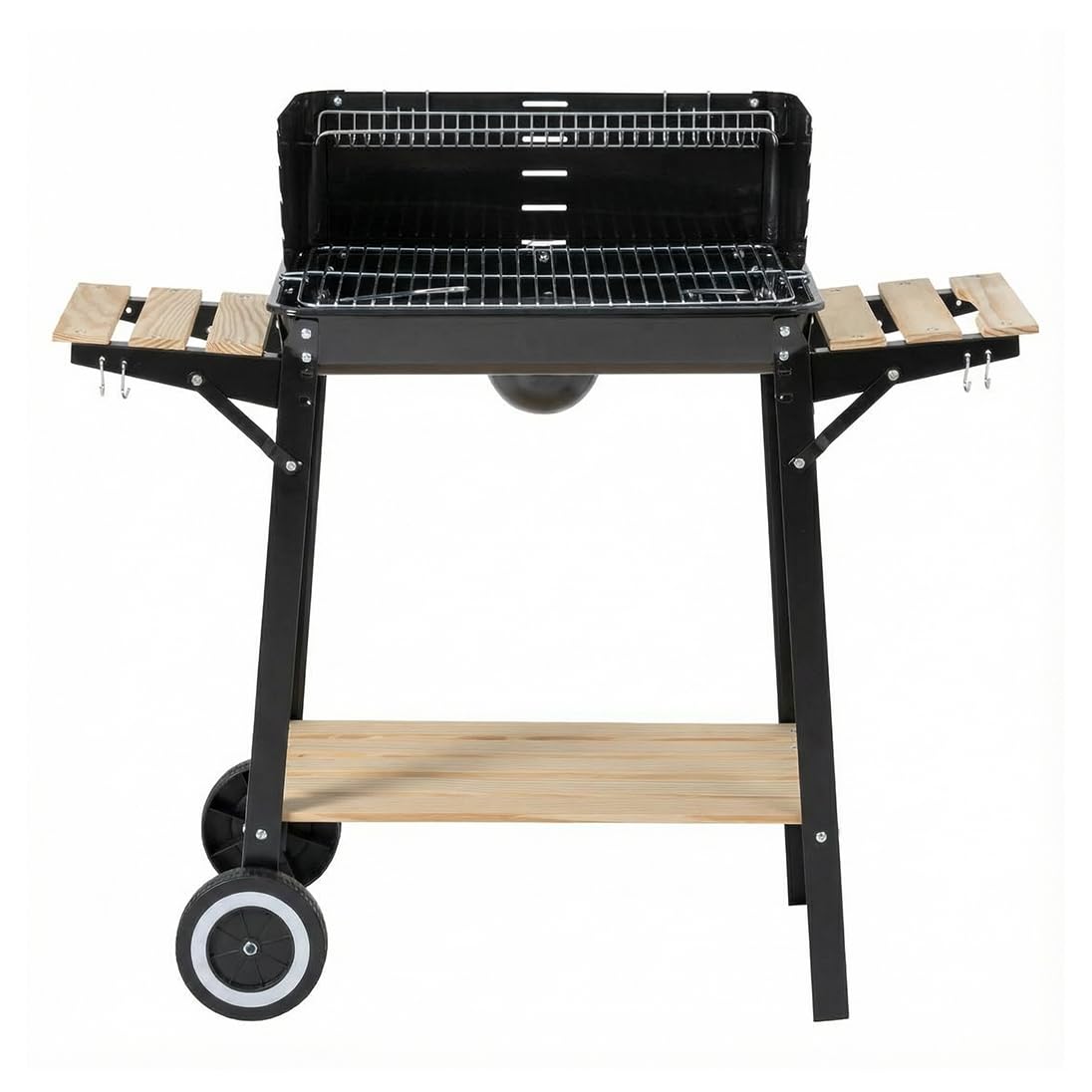 Barbecue A Carbonella In Acciaio Nero Con Ripiani Laterali E Ruote Griglia 48,5x29 Cm Altezza Regolabile Paravento Braciere Smaltato Per Giardino Terrazzo
