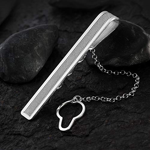 Pinza de corbata plata de ley rayas finas regalo boda hombre con cadena seguridad 4
