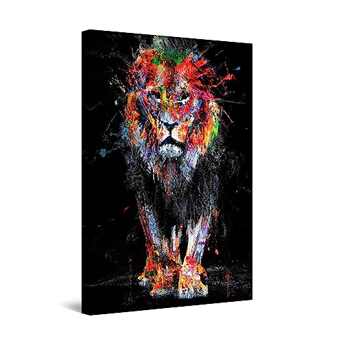 Idee cadeau elegante tableau lion en couleurs pret a accrocher, grande toile decoration moderne