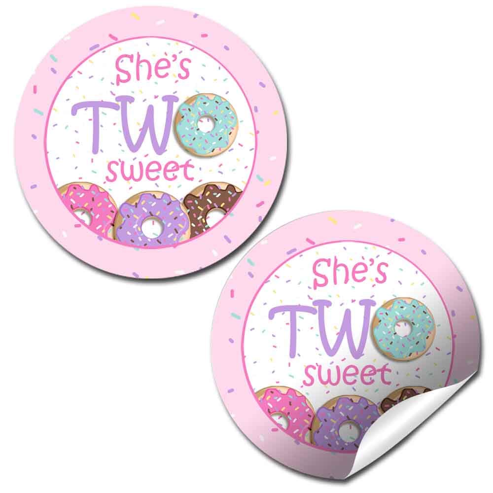 Donut Grow Up 2nd Birthday Thank You Sticker Labels for Girls, 40 2" Party Circle Stickers by AmandaCreation, Great for Party Favors, Envelope Seals &