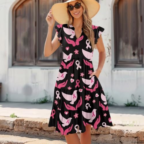 Image of Women's Casual Ruffle Sleeve Dress V Neck Pullover Dress Flowy A-Line Pleated Lightweight Dress with Pockets