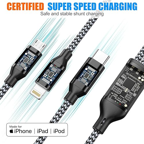 Xnewcable Multi Charging Cable 4ft 3Pack 3 in 1 Charger Cord, Multiple Rapid Nylon Braided Cable USB Charging Cable Multi Phone Charger Cord with Type C Micro Lightning USB Connectors for Cell Phones