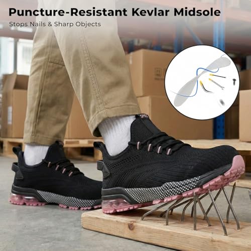 Image of SPIEZ Safety Shoes for Women, Composite Toe Work Shoes with Air Cushioned Comfort, Lightweight Puncture Proof Safety Sneakers for Work and Daily Wear, Black Pink /Purple US4.5-10