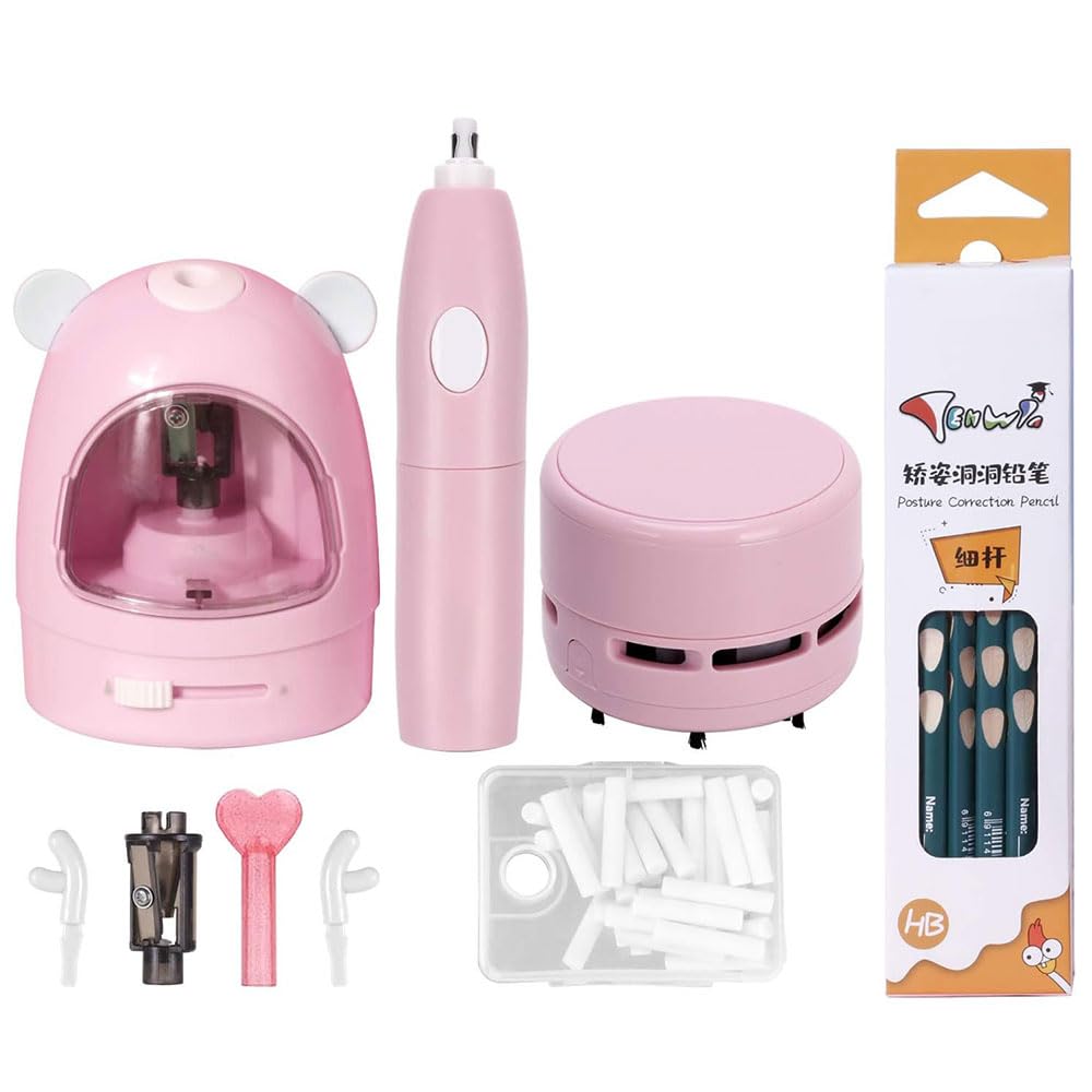 Goreem Pencil Sharpener Eraser Vacuum Cleaner Set Stationery Set Operated with 50 Eraser Refills for Kids Adults Home Office School Classroom