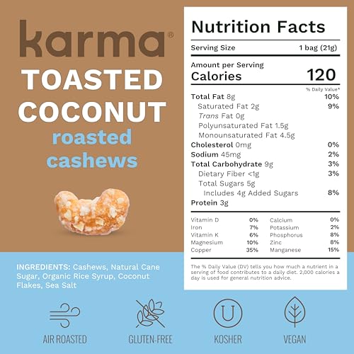 Image of Toasted Coconut Air Roasted Whole Cashews by Karma Nuts, Lightly Sweetened, Peanut-Free Facility, Kosher, Everyday Nut Snack, 0.75oz Resealable Bag - 200 pack