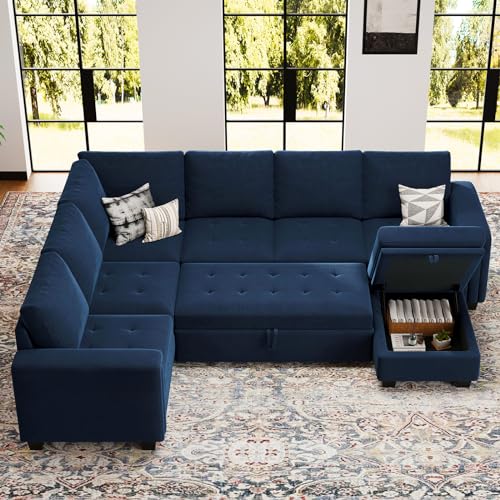 Belffin Modular Sectional Sleeper Sofa with Pull Out Bed U Shaped Sectional Sofa Couch with Storage Ottoman Velvet Covertible 7-Seater Sofa for Living Room Blue