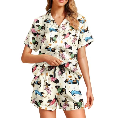 RSWSMXD Dachshunds Hot Dog Pajama Set for Women Cute Print Pjs Lounge Short Sets Satin Sleepwear Button Down Loungewear