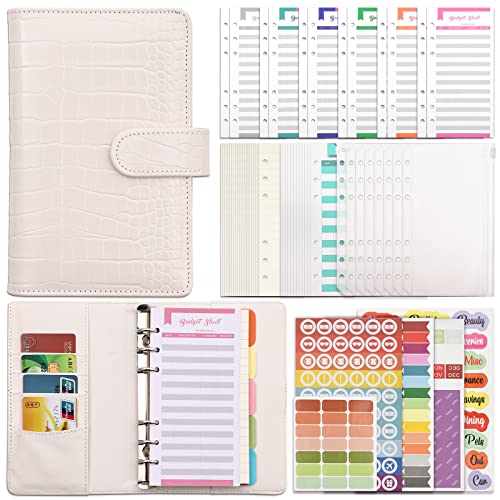 Classeur Budget, Budget Planner A6 Carnet Enveloppe Budget Organisateur avec 12 PVC Enveloppe Budget + 40 Feuilles Budget +5 Étiquette de Catégorie Stickers (Blanc) Cover