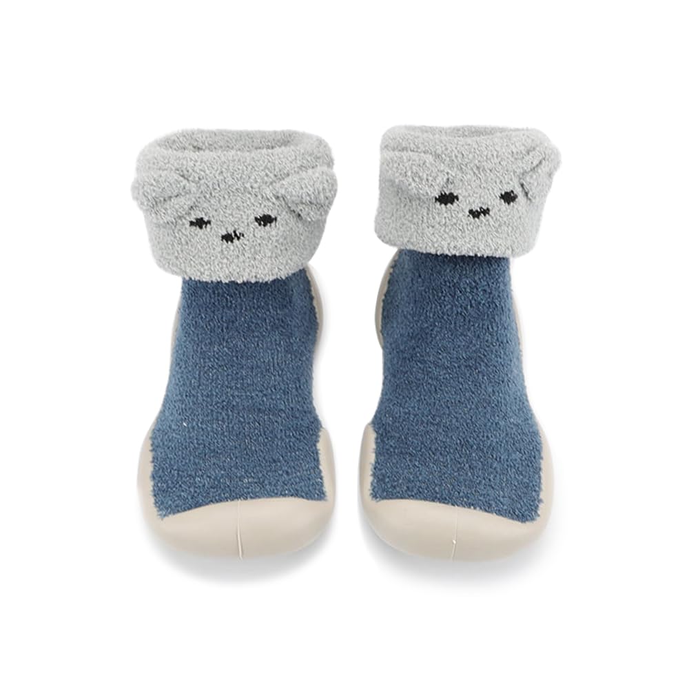 HOWELL Baby Boys Girls Sock Shoes Winter Plush Fuzzy Cartoon Booties Anti-Slip Soft Rubber Sole First Walking Shoes, Dark Blue 6 Toddler
