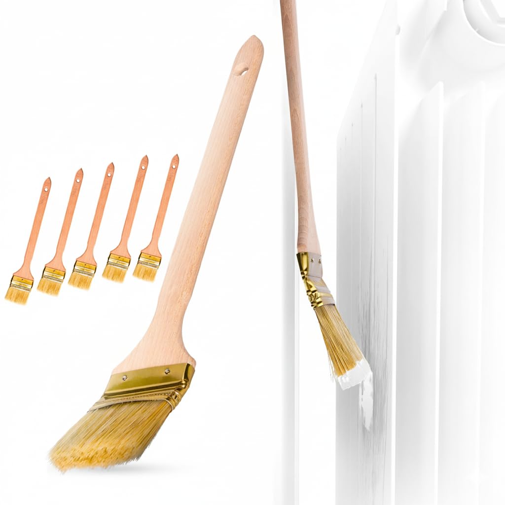 ToolSpace Heizkörperpinsel 12x Eckpinsel 63 mm Premium Set Malerpinsel Langer Stiel für Schwer Zugängliche Stellen Winkelpinsel Holzgriff Fassadenpinsel Naturborsten schräg Kopf für präzises Streichen