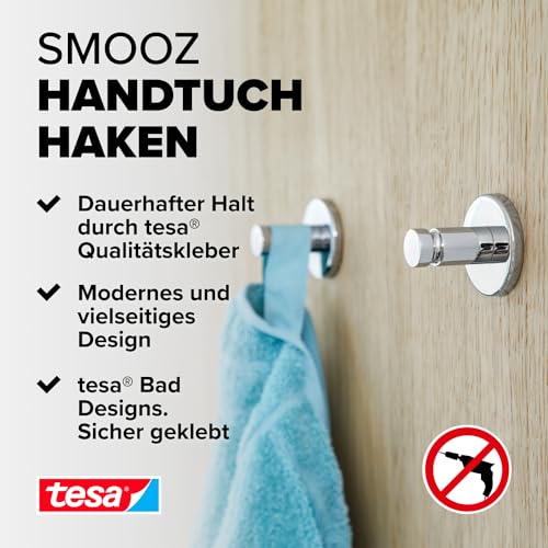 tesa SMOOZ Klebehaken, verchromt, runde Form - Bad-Haken zur Wandbefestigung ohne Bohren, inkl. Klebelösung - 37 mm x 37 mm x 37 mm